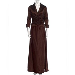 Tadashi Brown Evening Gown Maxi Dress Satin Long Sleeve Wedding MOTB 12 Party‎